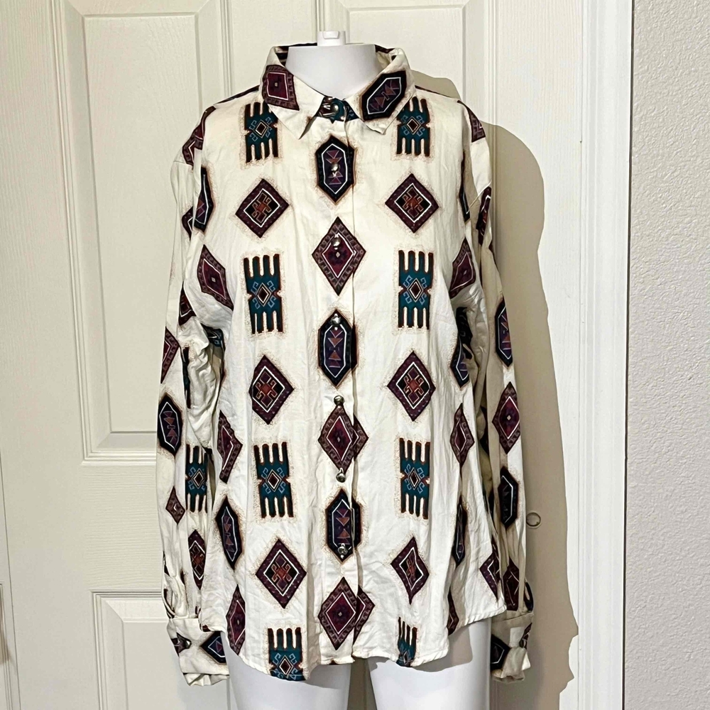 Vintage Wrangler Shirt Womens Large Western Wear Aztec Colorful Button Up